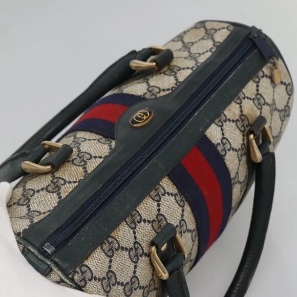 GUCCI GG Supreme Sherry Line Hand Bag PVC Navy Gold Red Auth 134690 - Picture 7 of 16